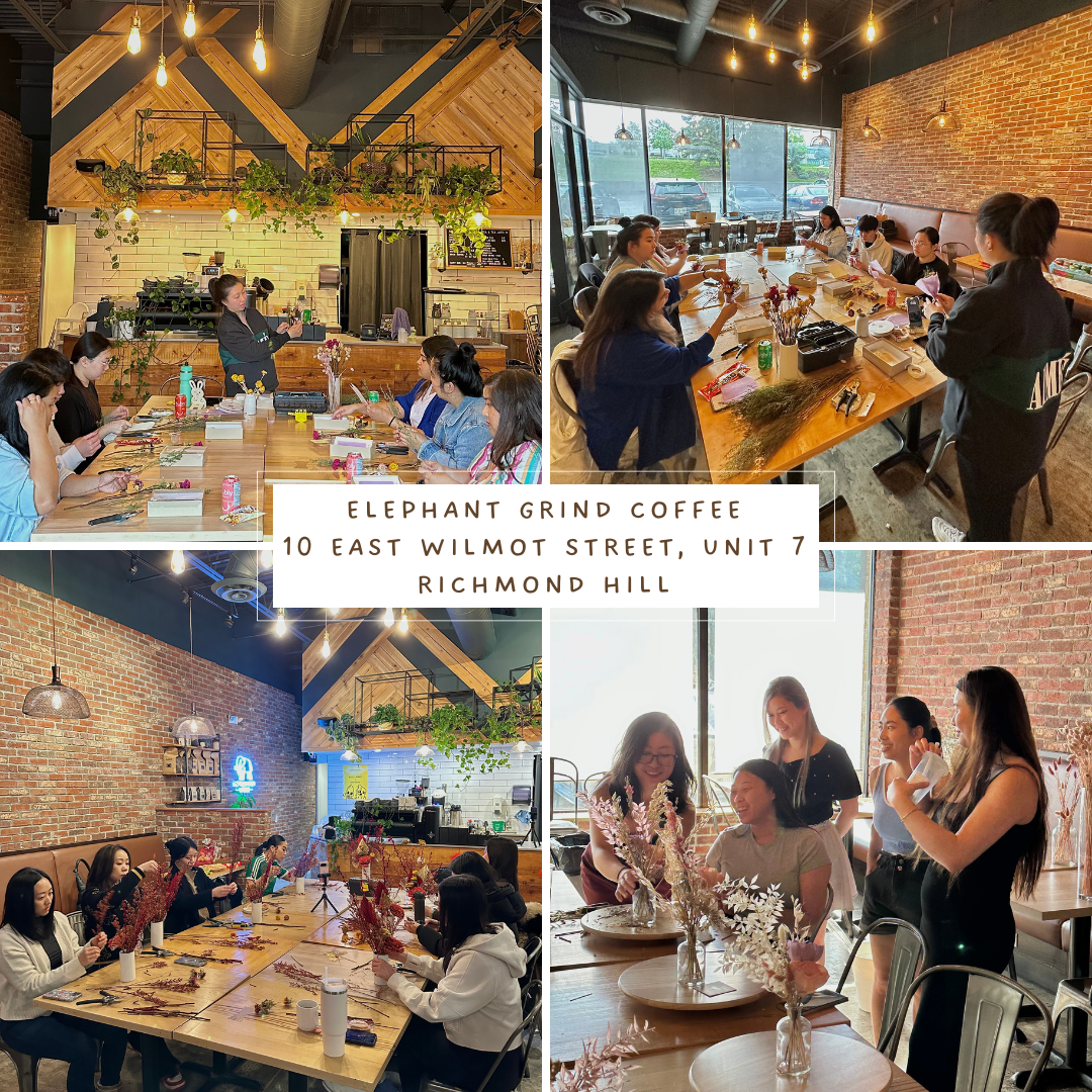 Collage of people enjoying flower arranging workshop at Elephant Grind Coffee in Richmond Hill.