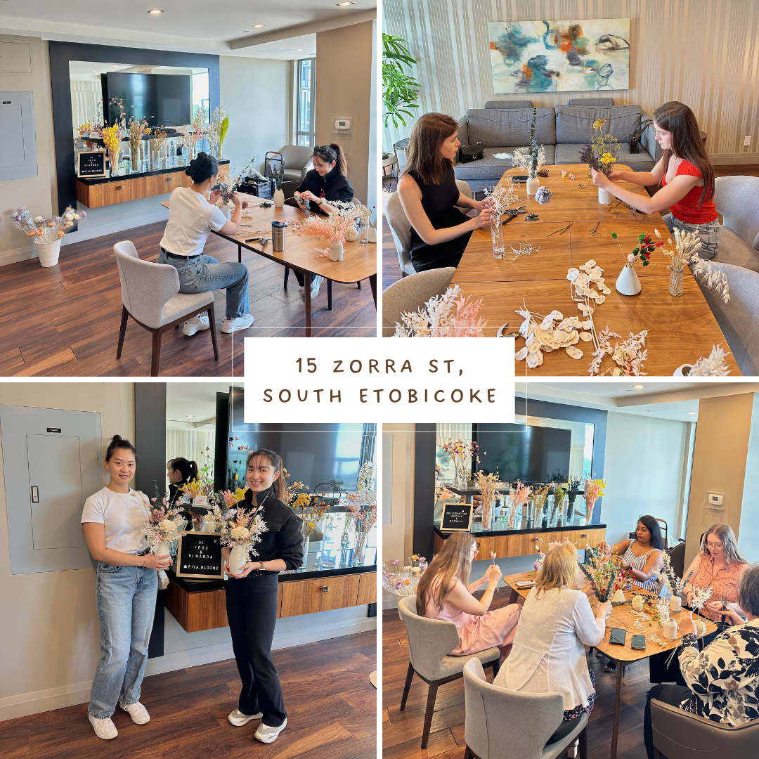 Collage of people making flowers in a modern living room setting with tables and decor.