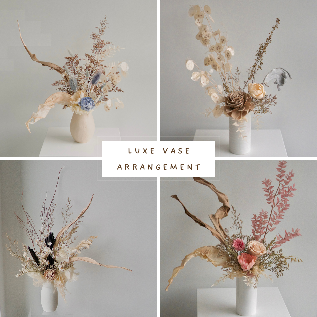 Collage of four images showing a luxe vase arrangement with dried flowers and roses on a neutral background.