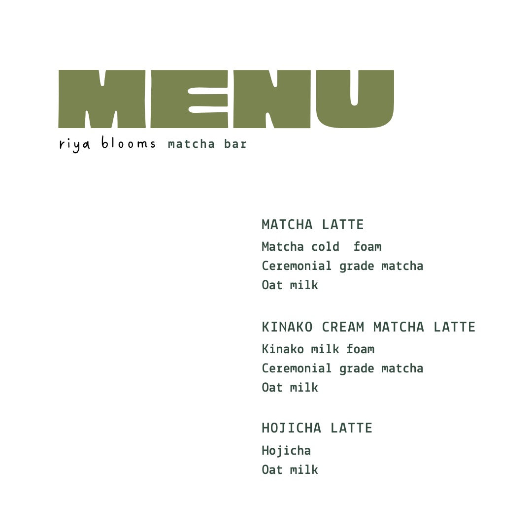 Menu from Riya Blooms Matcha Bar with matcha latte options on a white background