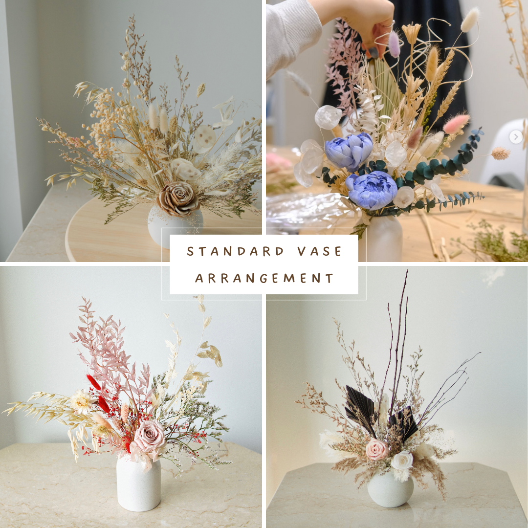 Collage of four different floral arrangements in white vases on a neutral background.