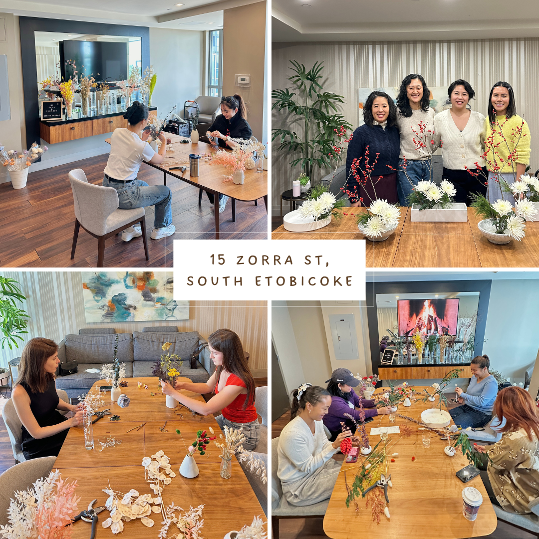 Collage of people making flowers in a modern living room setting with tables and decor.