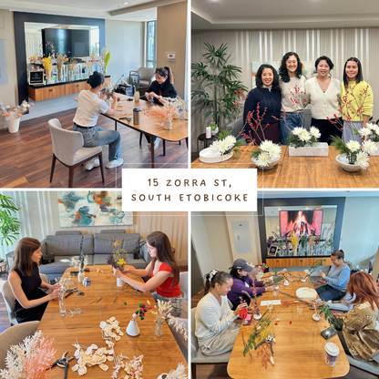 Collage of people making flowers in a modern living room setting with tables and decor.
