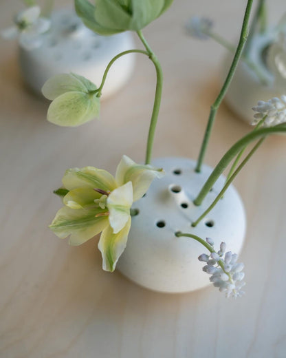 White vase with green leaves and small white flowers on a light wooden surface