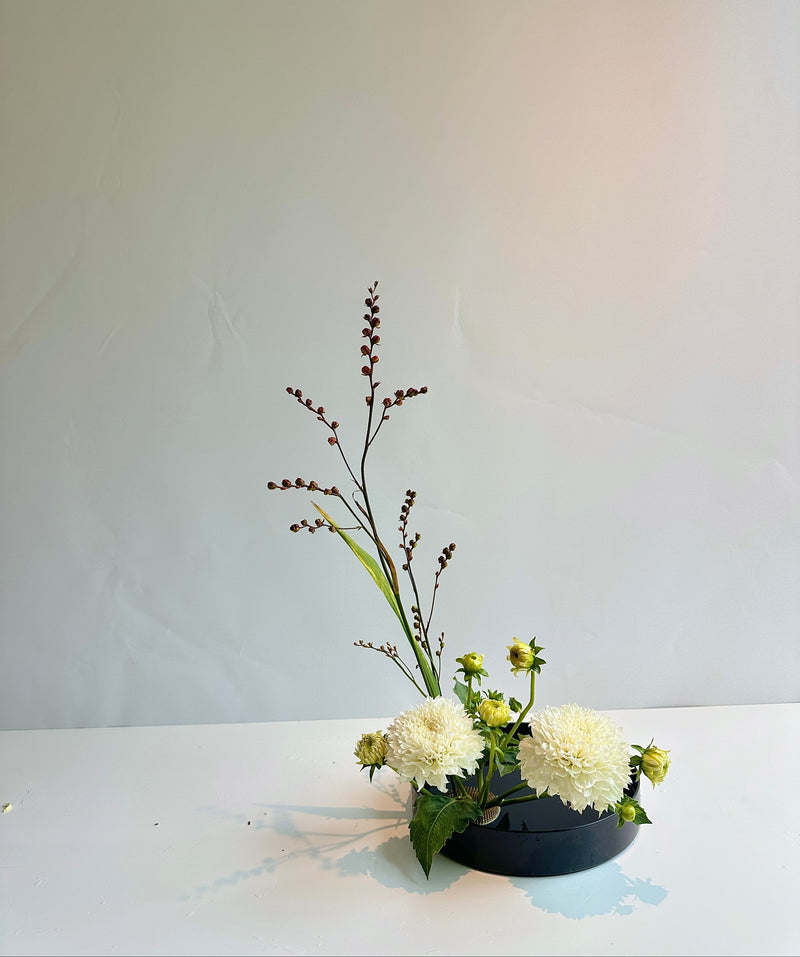 Floral arrangement in a black low bowl on a white surface with a light gray background