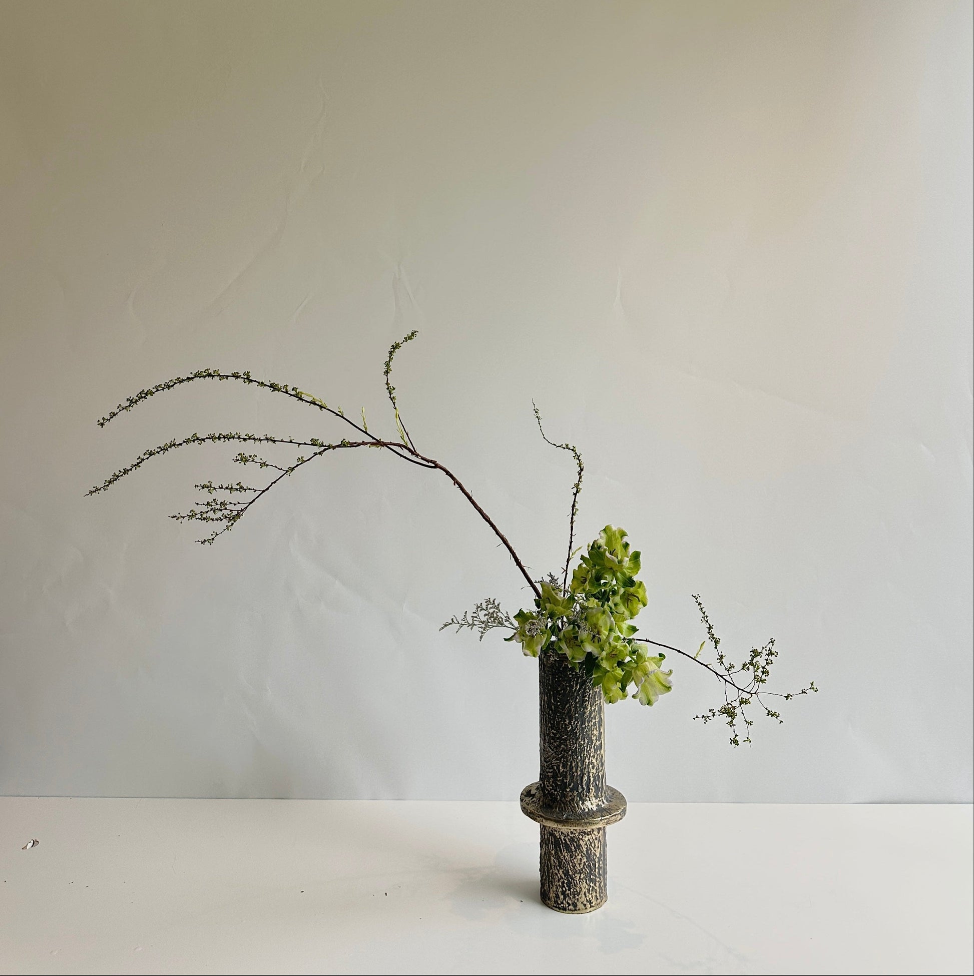 Ikebana vase arrangement on a white surface and background