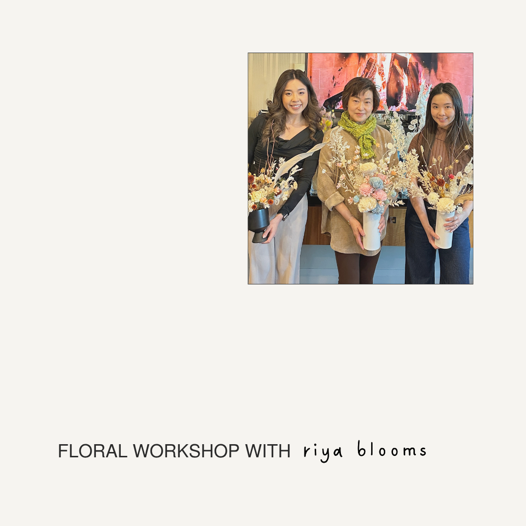 Three women holding floral arrangements with 'Floral Workshop with riya blooms' text.